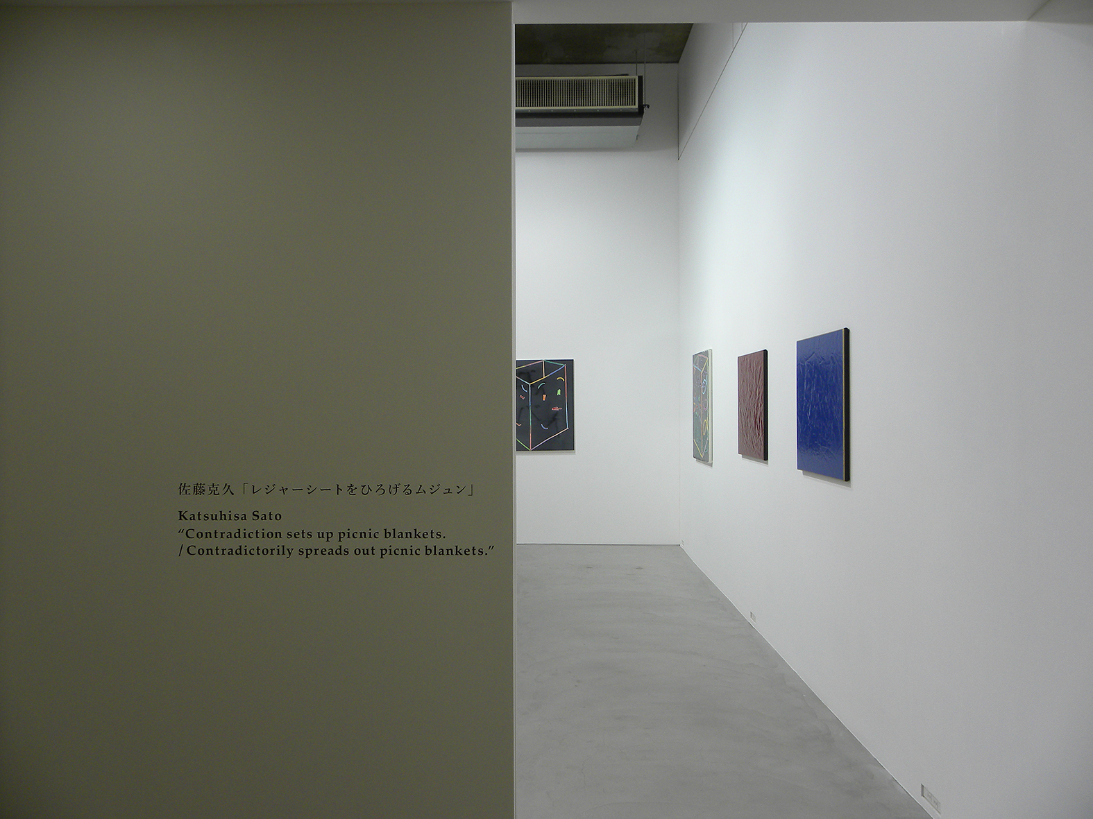 Installation view of the 2019 exhibition : "Contradiction sets up picnic blankets. / Contradictorily spreads out picnic blankets.",  Kodama Gallery | Tennoz, Tokyo, Japan 