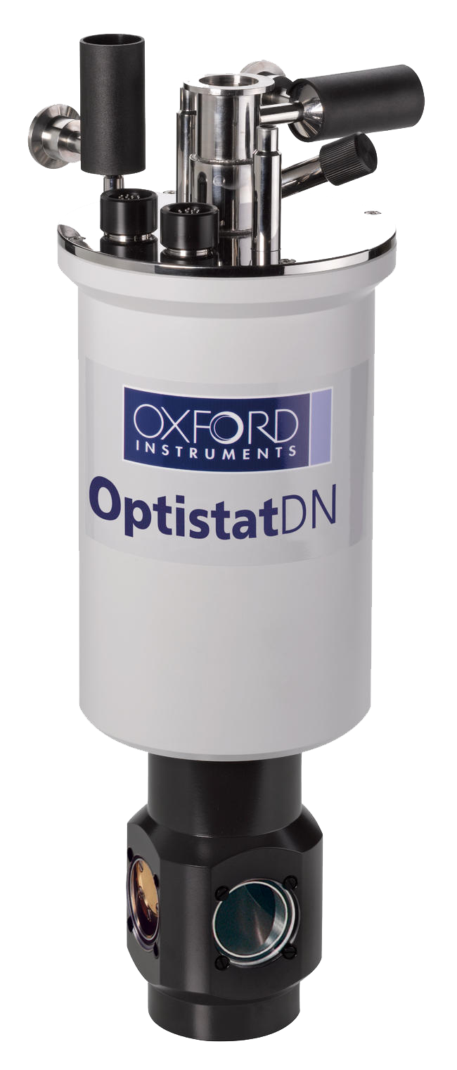 A 77 K nitrogen bath, top-loading cryostat with sample in static exchange gas.