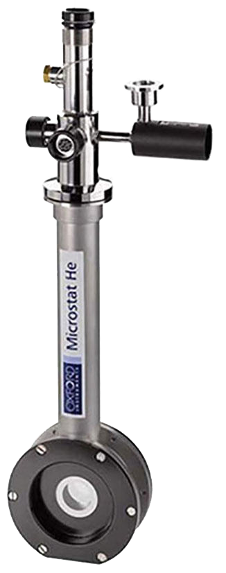 A 4 K helium-flow, sample-in-vacuum cryostat system designed for optical microscopy.