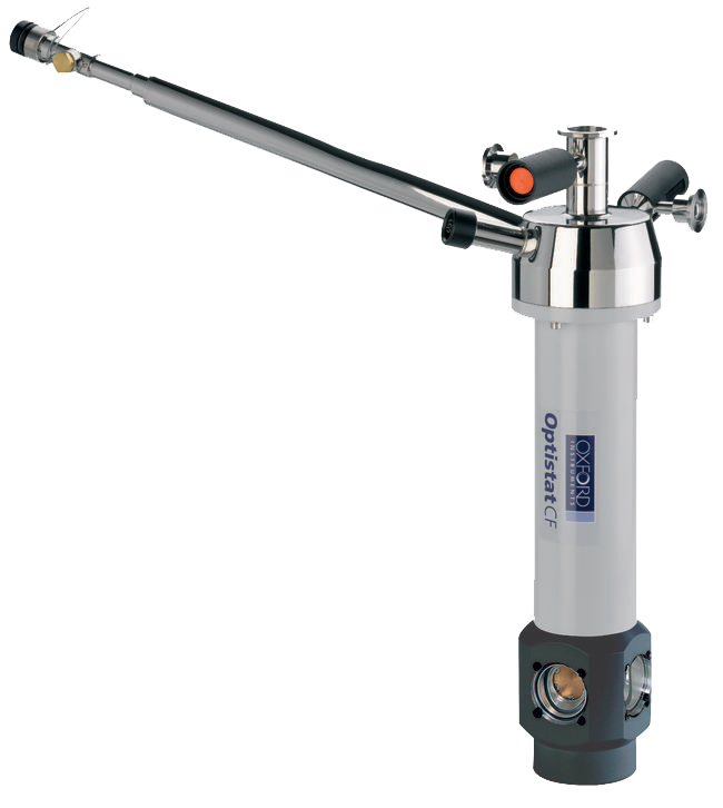 A 4 K helium-flow, top-loading cryostat with sample in static exchange gas.