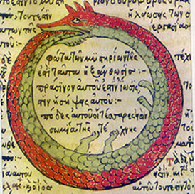 Uroboro disegnato nel 1478 da Theodoros Pelecanos in un trattato alchemico intitolato Synosius. 