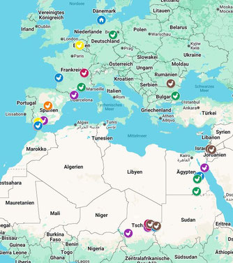 Jeweils letzte Positionsdaten von 33 Senderstörchen aus Nord- und Ostdeutschland (Stand: 21. September 2025). Quelle: www.movebank.org
