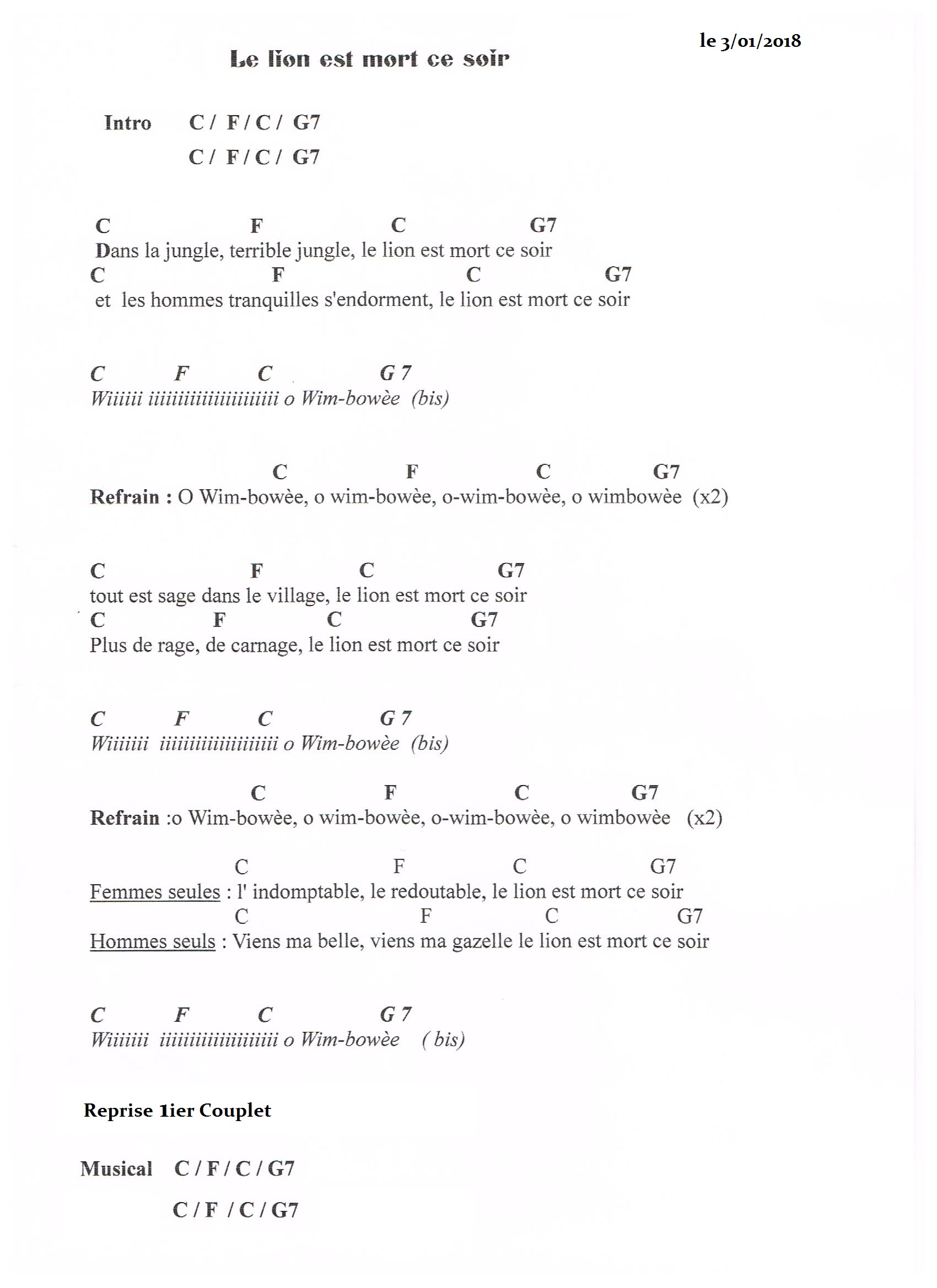 Le Lion Est Mort Ce Soir Paroles Le Lion Est Mort Ce Soir Ukulele - Communauté MCMS