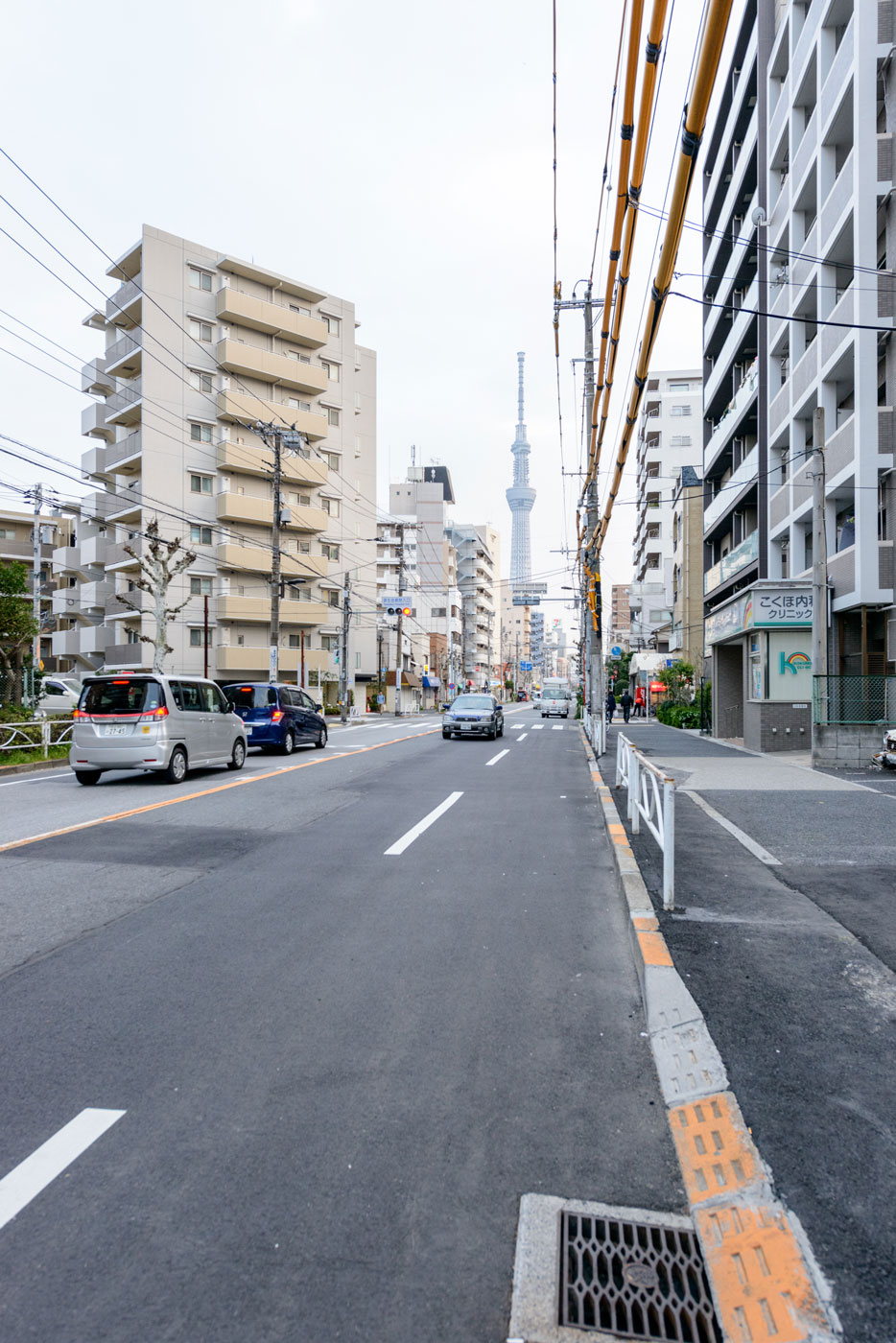 現地前の曳舟川通りからみるスカイツリー