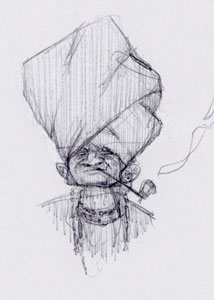 croquis-crayonné-caricature-entrainement-indou-fume-turban-sage-caricature-sage-indou