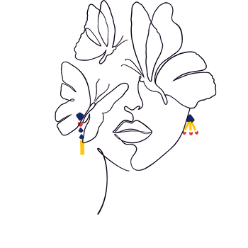 illustration visage femme avec papillons. La femme porte des boucles d'oreilles