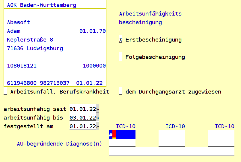 Tipp der Woche EVA Tipps Praxissoftware Praxisverwaltung abasoft eAU Arbeitsunfähigkeitsbescheinigung ICD-10 Diagnose AU- begründende Diagnose Wie trage ich die Diagnose in eAU ein