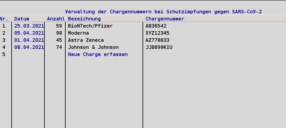 Ärzte Praxisverwaltung Praxissoftware IT Arzthelferin MFA COVID-19 Schutzimfpung Chargenummern In EVA Chargennummer erfassen