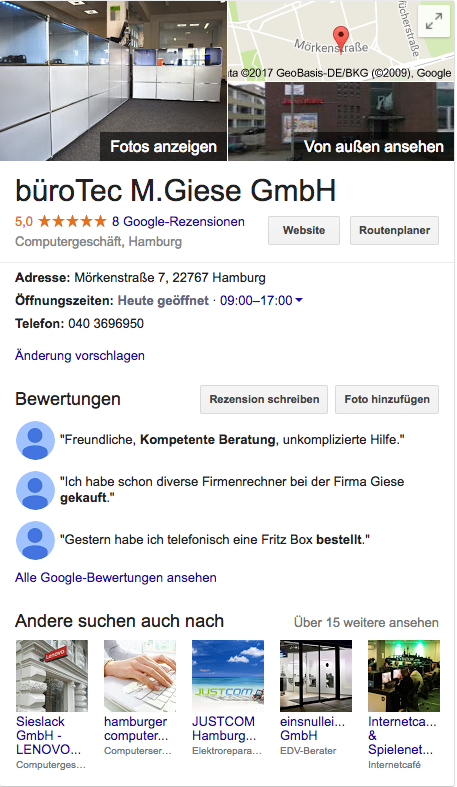 Google MyBusiness Box der Michael M. Giese GmbH