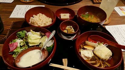 玄米、野菜、豆腐の夕食