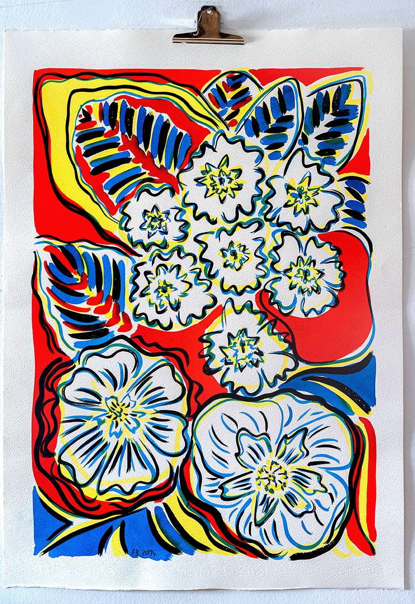 Primule, 2014, tecnica mista su carta cotone, cm 56x76