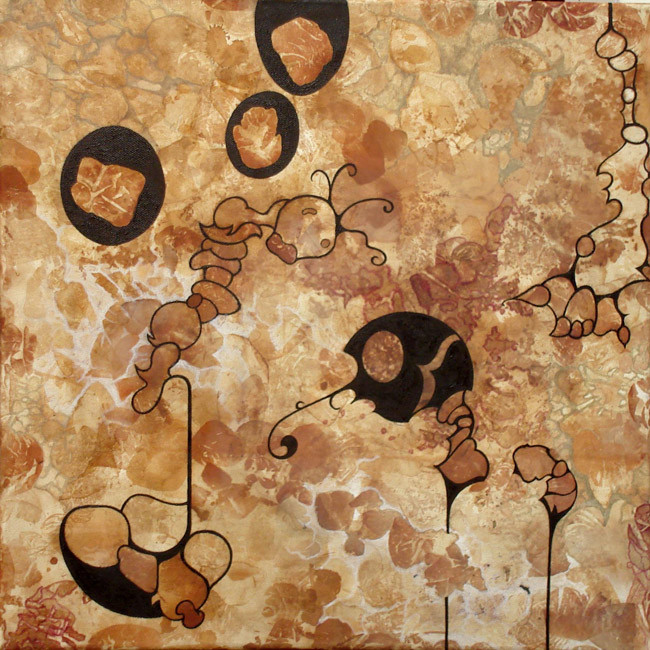 la murène fantôme avale des fourmis confites - 2008 - Technique mixte (huile et thé) sur toile 50x50 cm