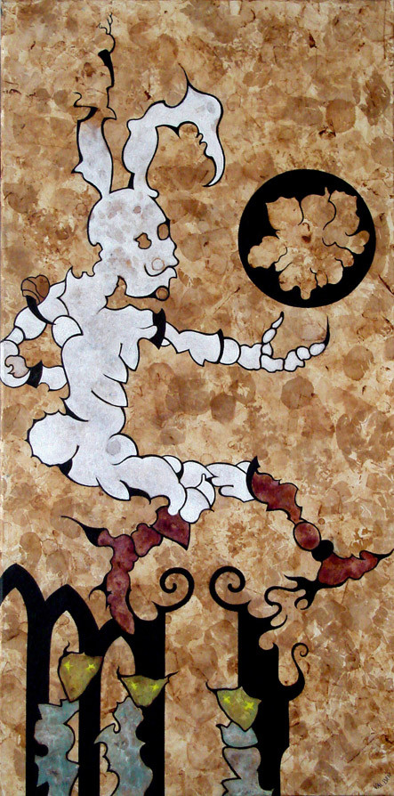 Le lapin mange-fleur fuit le palais des mantes - 2011 - Technique mixte (huile et thé) sur toile 80x40 cm