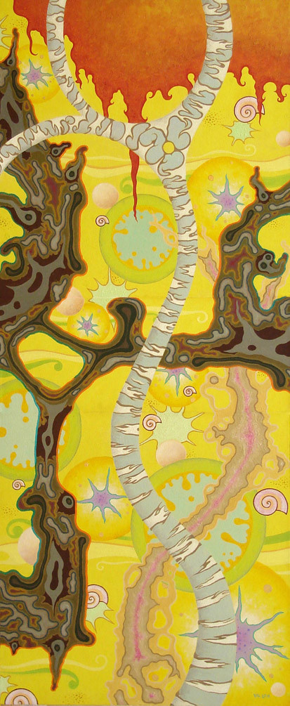 L’arbre serpent sans racines aspire le ciel embrasé - 2012 – Huile sur toile - 120x50 cm (3 toiles : 50x50, 20x50, 50x50)