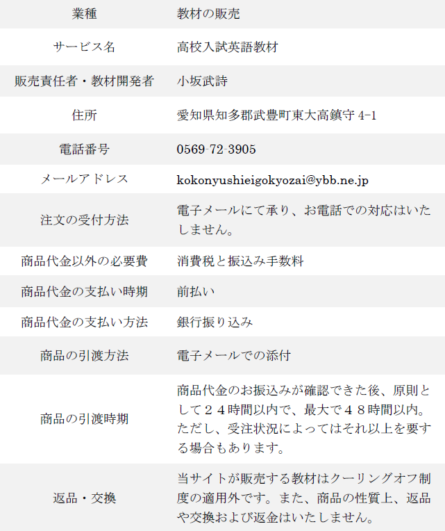 業種　サービス名　販売責任者・教材開発者　住所　電話番号　メールアドレスなどを具体的に明記した画像　