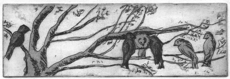 Albrecht, Roswitha : Vogeltreff, Radierung-Aquatinta, 2016, 5x16 cm  / 20 Euro