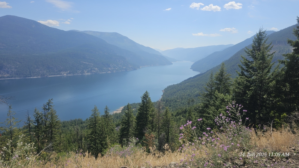 Blick zurück entlang dem Columbia river nach Castlegar...