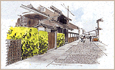 町家の修景と町なみに調和した路面舗装