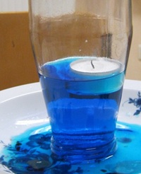Experiment: Kerze schwimmt auf blauem Wasser in Flasche