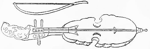 150 Te-yo-tsong instrument de l'orchestre birman, ressemblant au violon européen ; la caisse en bois a deux ouïes ; les trois cordes sont fixées d'une part aux chevilles, d'autre part à une pointe sculptée au bout de la caisse.