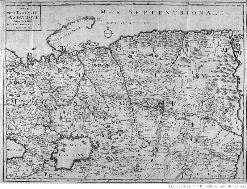 Carte. Laurent Lange (1690-1752) : Journal du voyage à la Chine. — 1715-1717. Extrait de : Recueil de voyages au Nord. — J. F. Bernard, Amsterdam, 1734. Tome V.