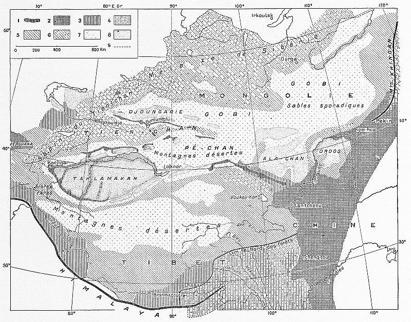 Distribution de la végétation et des déserts dans la Haute Asie. F. Grenard : Haute Asie. [Mongolie, Turkestan chinois, Tibet]. Deuxième partie du tome VIII de la Géog. Universelle.Colin, Paris, 1929.