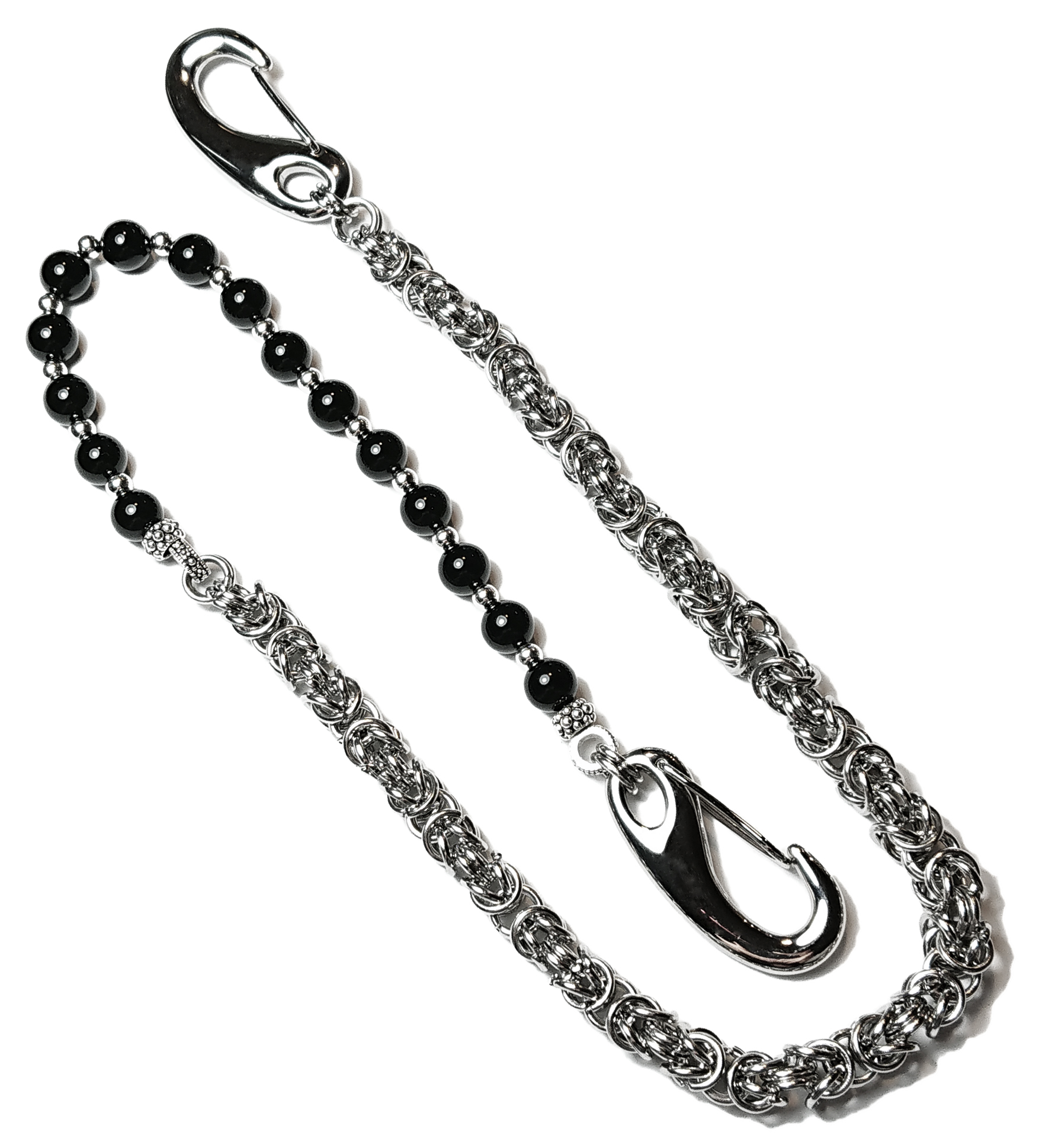 BEHERO Hosenkette Dark mit schwarzen Onyx Perlen, Sterlingsilber Perlen und Ringen sowie einer byzantinischen Edelstahlkette und Edelstahlkarabiner