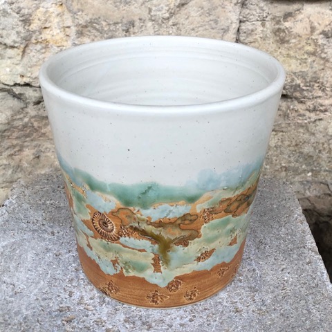 Keramik Übertopf, Dekor Neuseeland,  ø oben ca. 15,5 cm, h ca. 15 cm