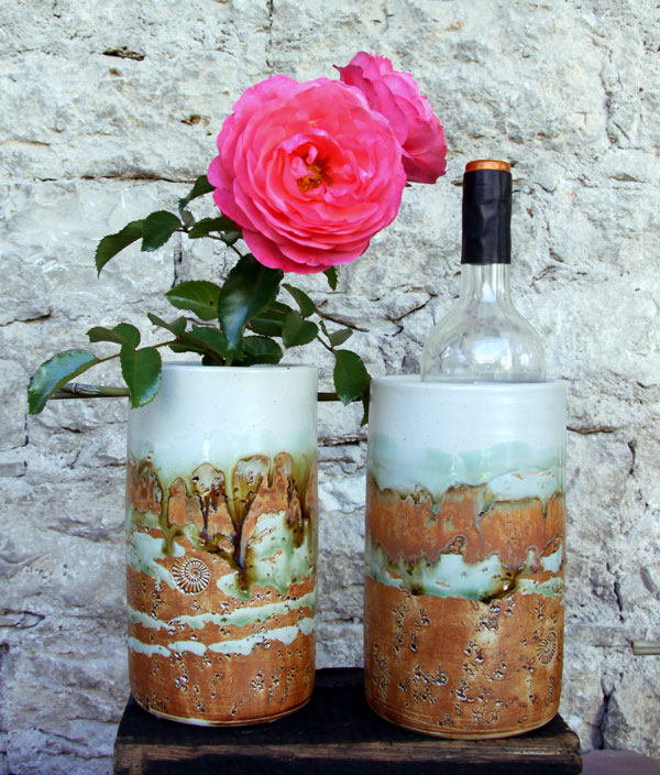Keramik Weinkühler Literflasche, Dekor Neuseeland, Weinkühler mit Blumensteckeinsatz und ohne