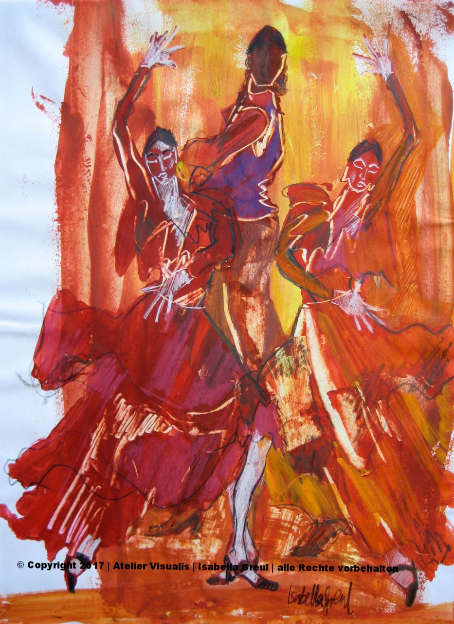 Flamencotanz, Mischtechnik Acrylfarbe, Aquarellstift, Schablonentechnik