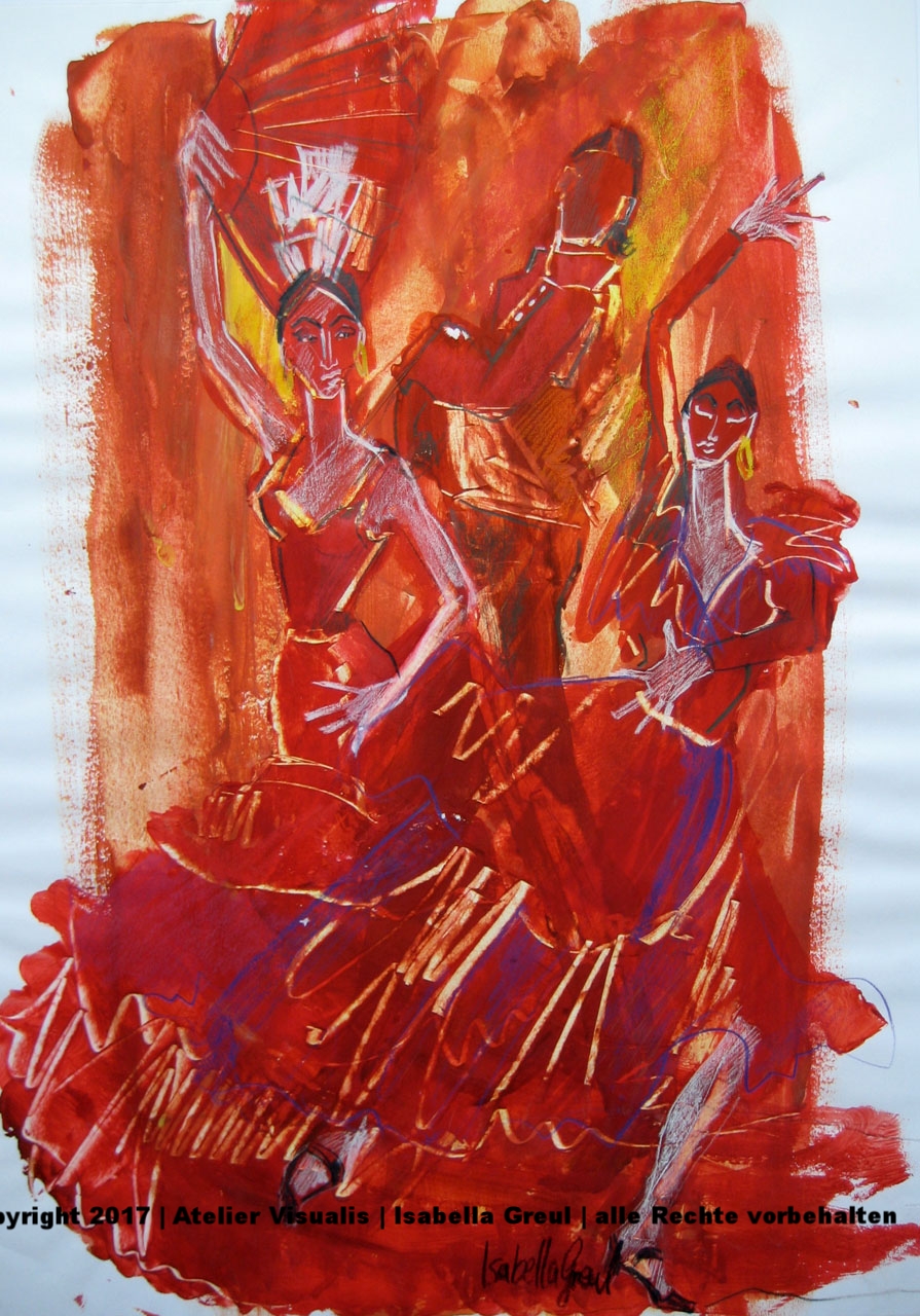 Flamencotanz, Mischtechnik Acrylfarbe, Aquarellstift, Schablonentechnik