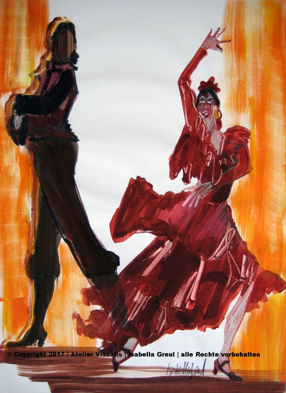 Flamencotanz, Mischtechnik Acrylfarbe, Aquarellstift, Schablonentechnik