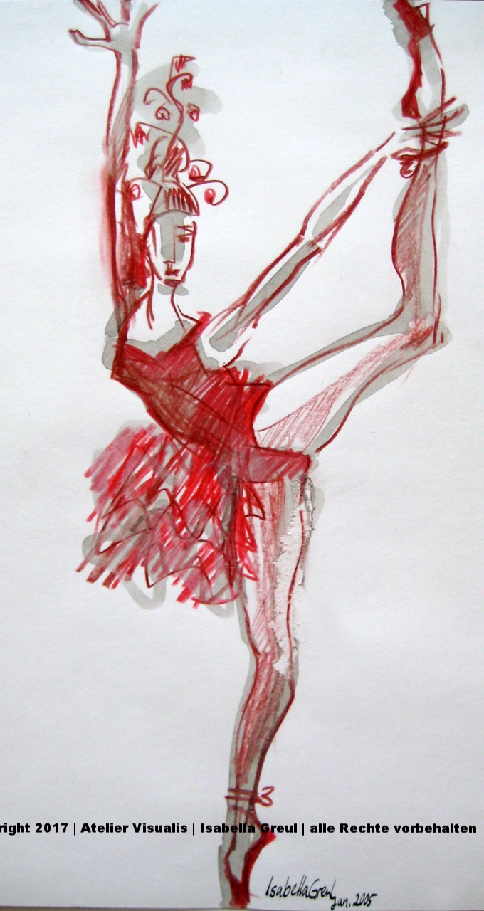 Ballerina klassisch, Tusche, Feder und Pinsel, coloriert
