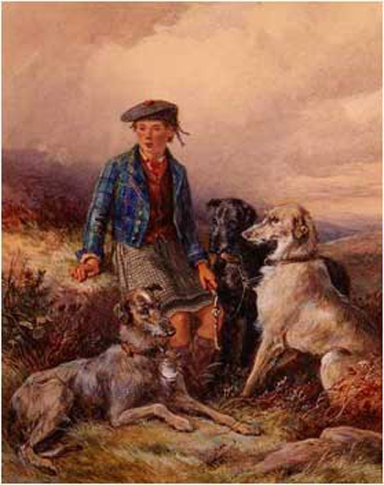 Scottish boy with wolfhounds in a Highland landscape, James Jnr Hardy