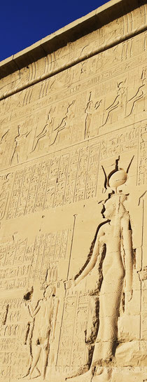 Cleopatra embodies Isis with Caesarion as Horus - outside wall of Dendera Temple