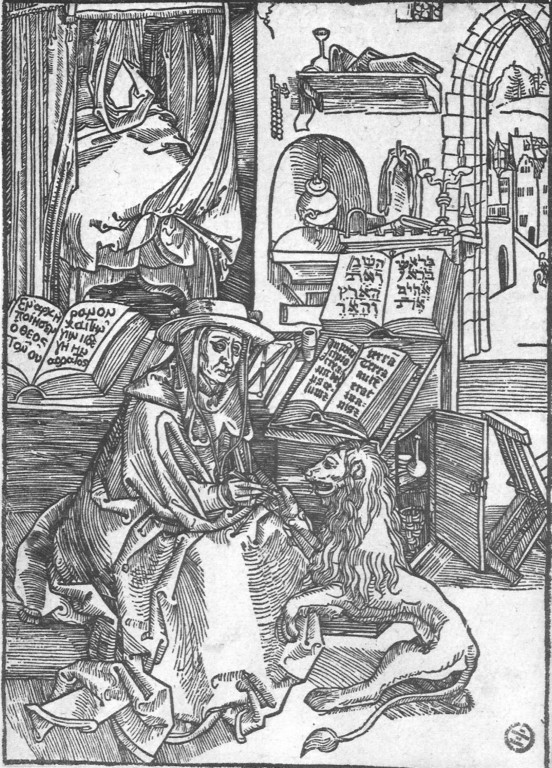 Albrecht Dürer, Hieronymus im Gehäus 1493: Genesis 1,1 dreisprachig
