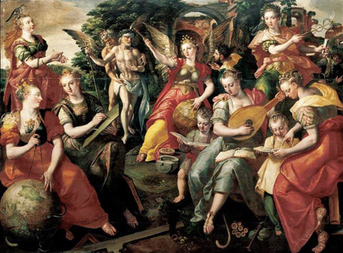 Marten de Vos 1590, die Allegorie der sieben freien Künste (Öl/Eiche), oben links Mathematik in Pose des Fingerzählens