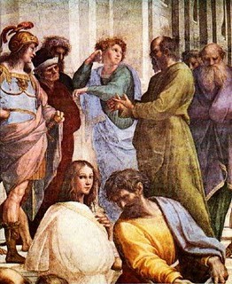 Raphael, Schule von Athen, Stanza della Segnatura 1509-10; Sokrates repräsentiert die Dialektik