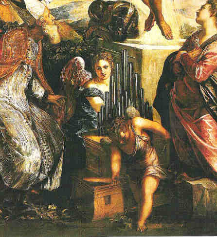 Auferstehung, San Cassiano, Detail: "Wind-Engel" an Portativ-Orgel