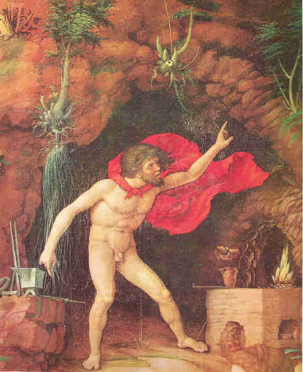Andrea Mantegna, der Parnass, Detail mit Vulkan drohend das "diamantene" Netz zu schmieden
