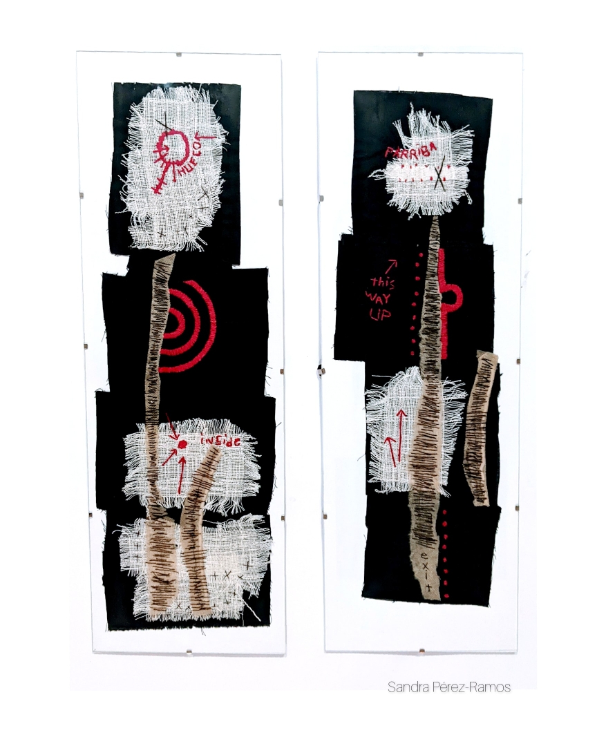 No Exit/ Sin Salida. (Diptych). Mixed fabrics, threads, hand stitching. 20"x 24". Sandra Pérez-Ramos.