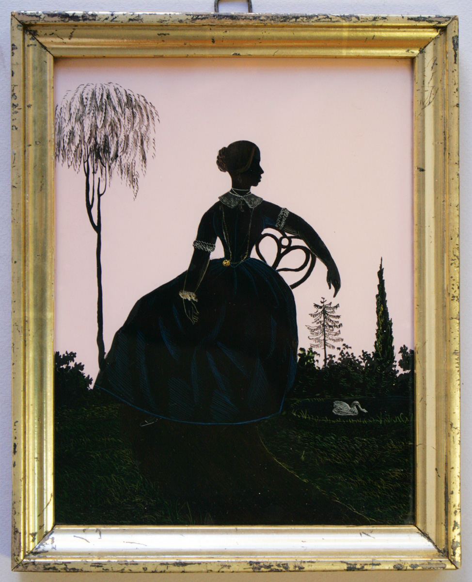 Hinterglasbild Biedermeier, Dame im Park