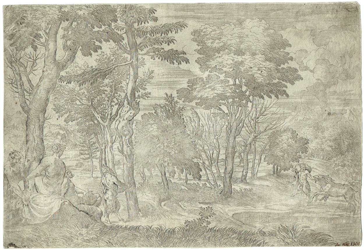 Giovanni Francesco Grimaldi, Waldlandschaft mit Satyrn und Nymphen