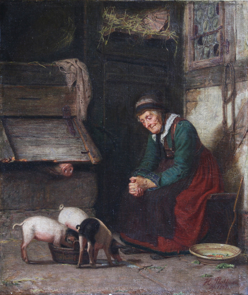 Plathner, Hermann, Großmutter mit Ferkeln im Stall