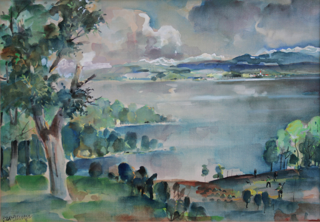 Otto Lange, Weite Fjordlandschaft mit Jägern