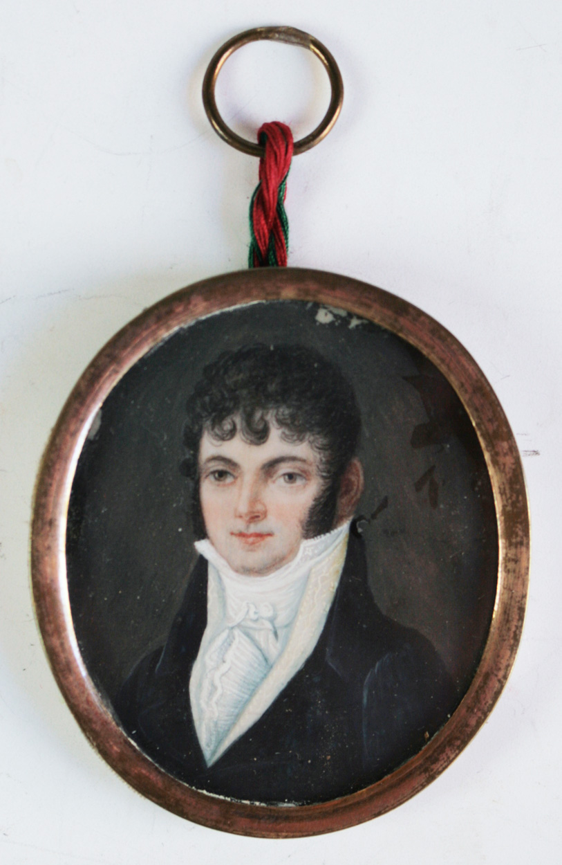 Porträtminiatur eine Herrn mit dunkler Lockenfrisur 