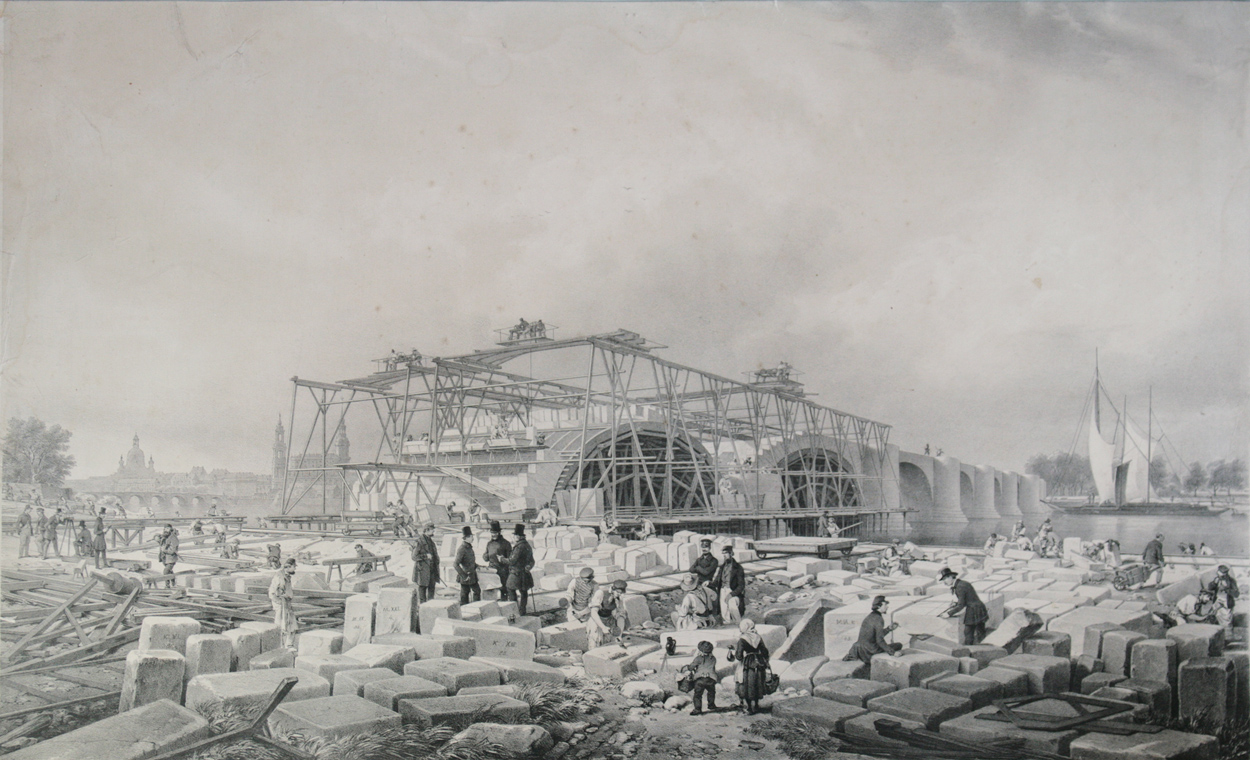 Bau der Marienbrücke in Dresden im Oktober 1849 