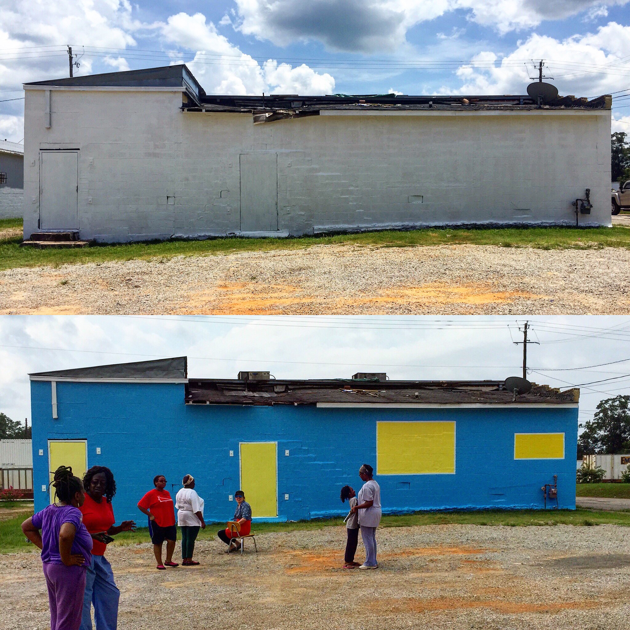 Another low-stakes proof of concept: back side of Tee's Lounge before (primed) and after, July 2015