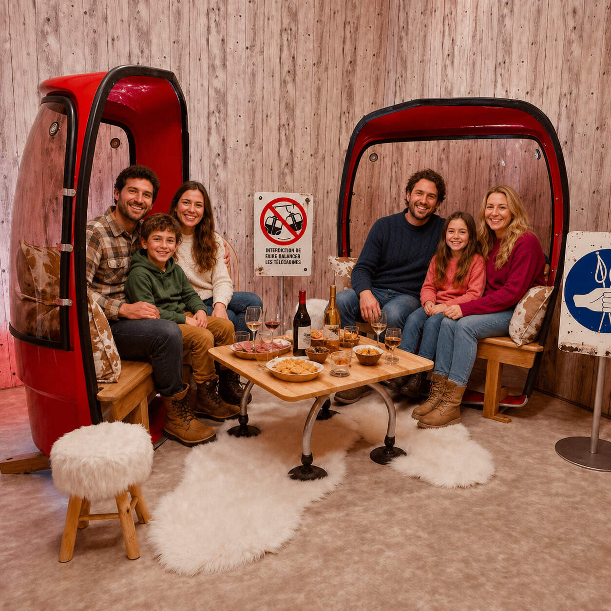 6 personnes assis sur le Pack DUO fauteuils 3 places télécabines rouge en train de prendre un apéritif