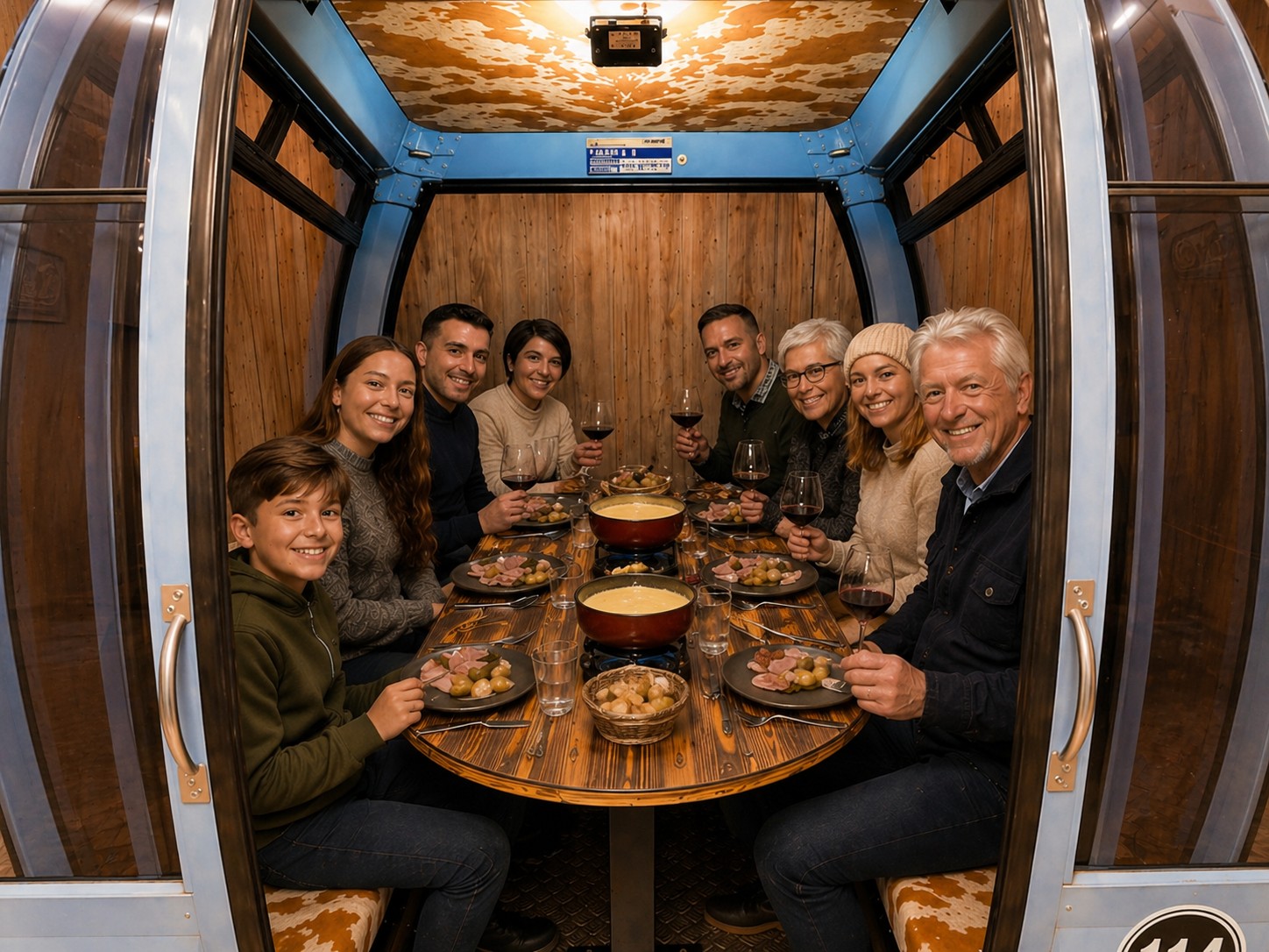 8 personnes en train de manger da une Cabine de télécabine CWA 8 places bleu aménagées